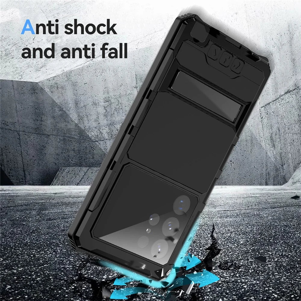 R-JUST For Samsung Galaxy S22 Ultra 5G Waterproof Drop-Proof Case Kickstand Back Cover with Tempered Glass - Black - 4