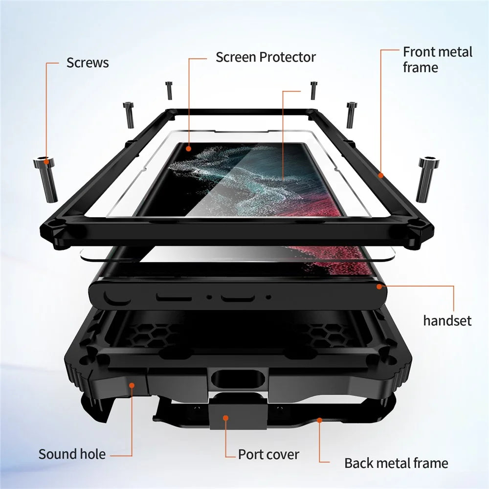 R-JUST For Samsung Galaxy S22 Ultra 5G Waterproof Drop-Proof Case Kickstand Back Cover with Tempered Glass - Black - 6