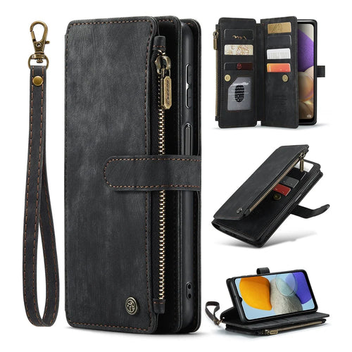For Samsung Galaxy A23 4G / 5G (Global) / M23 5G / F23 5G Phone Cases with Strap CASEME C30 Zipper Multiple Card Holder PU Leather Cover - Black - 1
