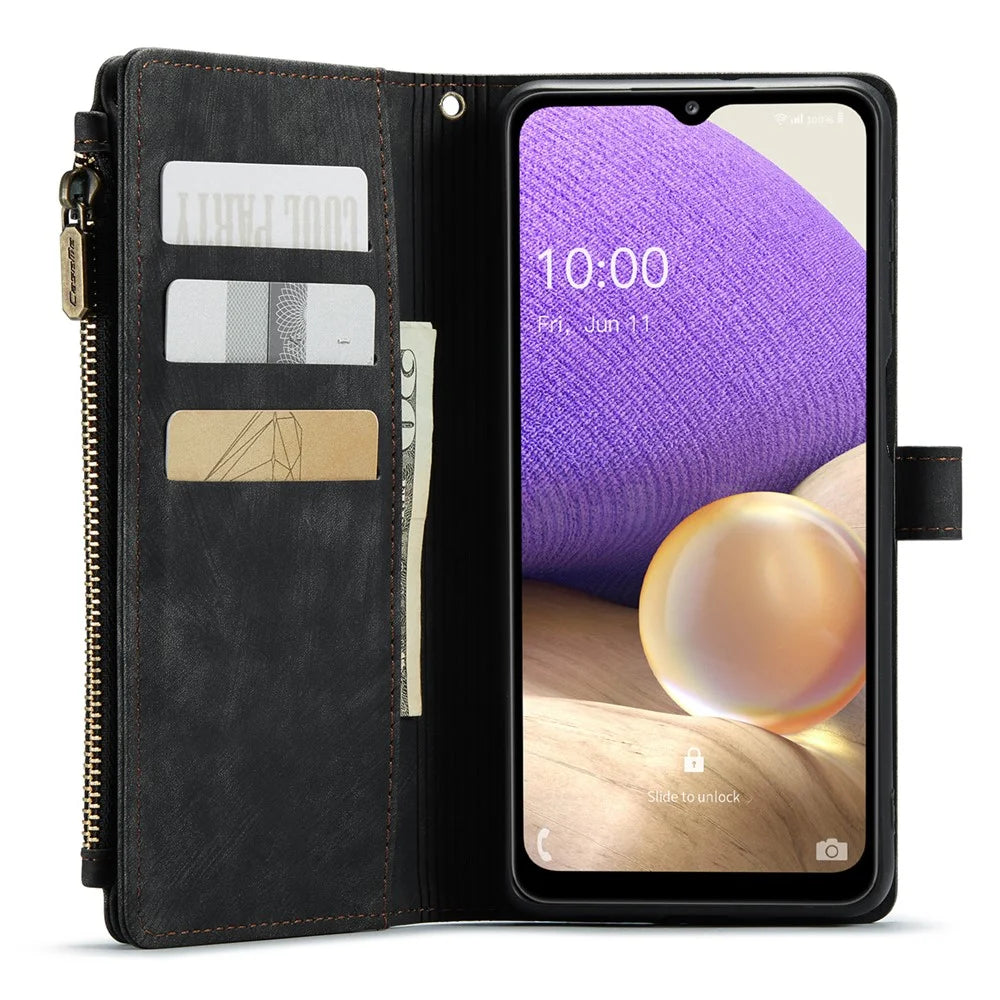 For Samsung Galaxy A23 4G / 5G (Global) / M23 5G / F23 5G Phone Cases with Strap CASEME C30 Zipper Multiple Card Holder PU Leather Cover - Black - 3