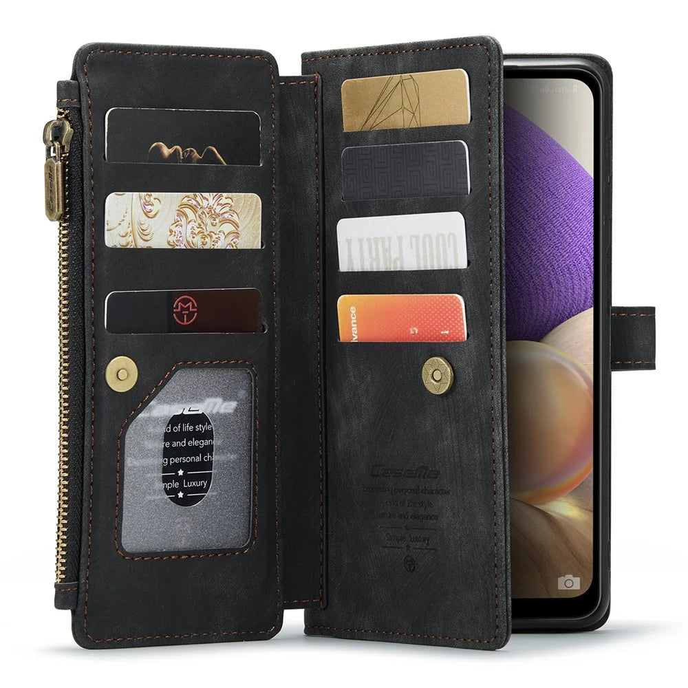 For Samsung Galaxy A23 4G / 5G (Global) / M23 5G / F23 5G Phone Cases with Strap CASEME C30 Zipper Multiple Card Holder PU Leather Cover - Black - 4