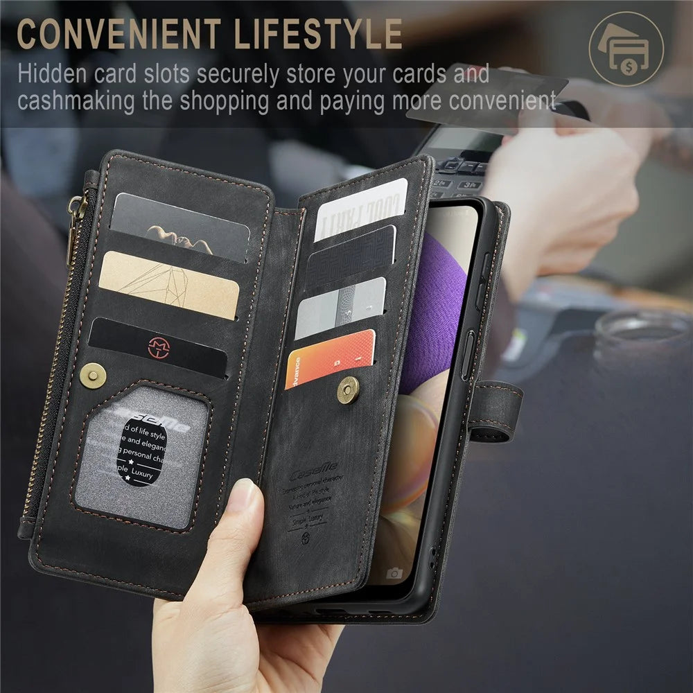 For Samsung Galaxy A23 4G / 5G (Global) / M23 5G / F23 5G Phone Cases with Strap CASEME C30 Zipper Multiple Card Holder PU Leather Cover - Black - 5