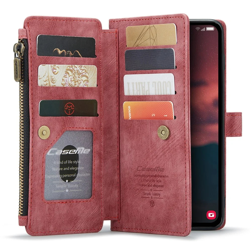 CASEME C30 Series for Samsung Galaxy A24 4G (162.1 x 77.6 x 8.3mm) PU Leather Stand Phone Case Zipper 10 Card Slots Wallet Cover - Red - 4