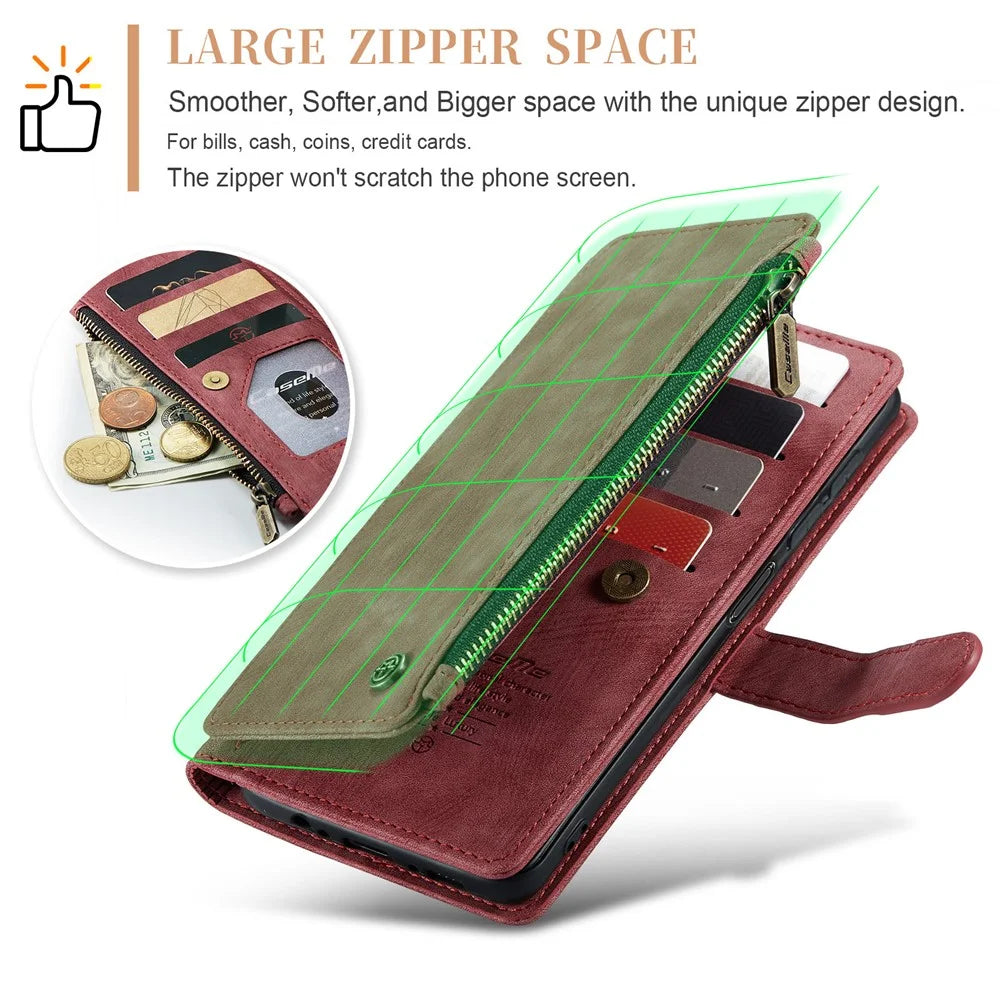 CASEME C30 Series for Samsung Galaxy A24 4G (162.1 x 77.6 x 8.3mm) PU Leather Stand Phone Case Zipper 10 Card Slots Wallet Cover - Red - 5