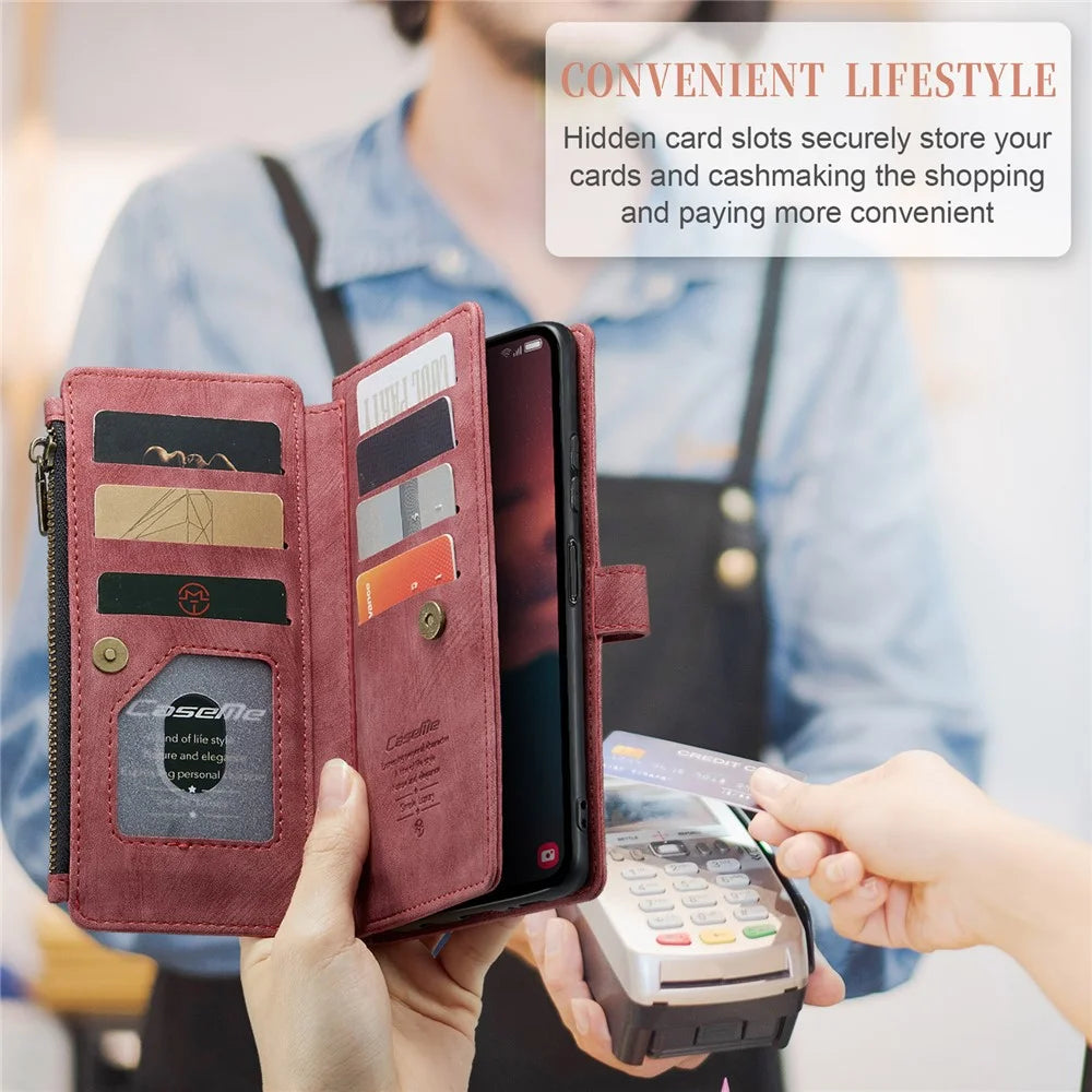 CASEME C30 Series for Samsung Galaxy A24 4G (162.1 x 77.6 x 8.3mm) PU Leather Stand Phone Case Zipper 10 Card Slots Wallet Cover - Red - 6