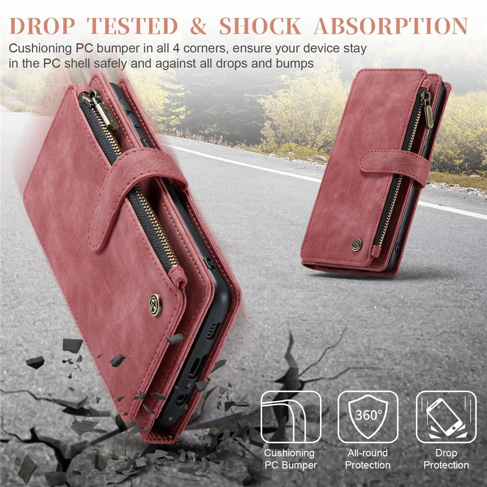 CASEME C30 Series for Samsung Galaxy A24 4G (162.1 x 77.6 x 8.3mm) PU Leather Stand Phone Case Zipper 10 Card Slots Wallet Cover - Red - 7