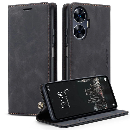 CASEME 013 Series For Realme C55 PU Leather Wallet Shell Drop-proof Flip Stand Phone Case - Black - 1