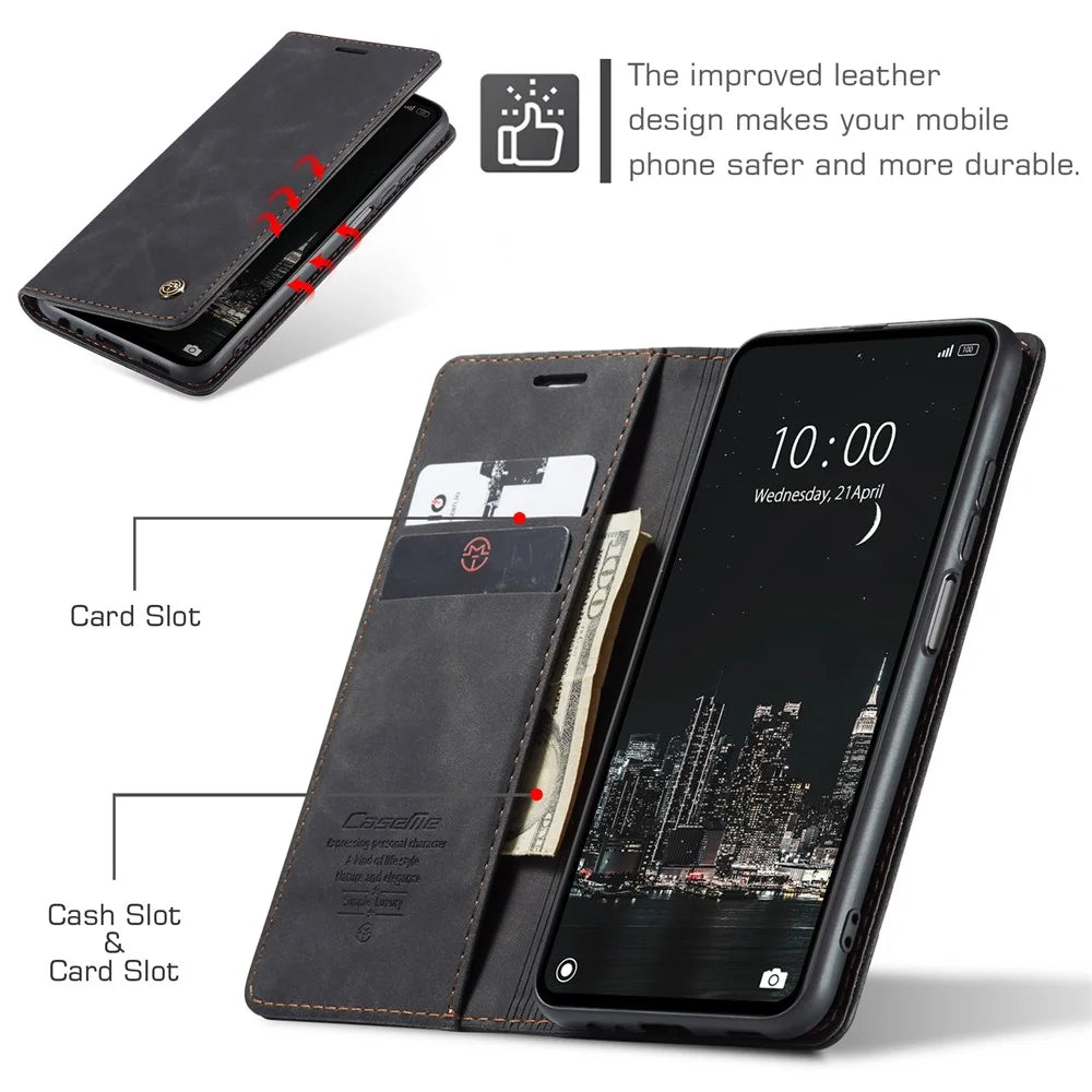 CASEME 013 Series For Realme C55 PU Leather Wallet Shell Drop-proof Flip Stand Phone Case - Black - 4