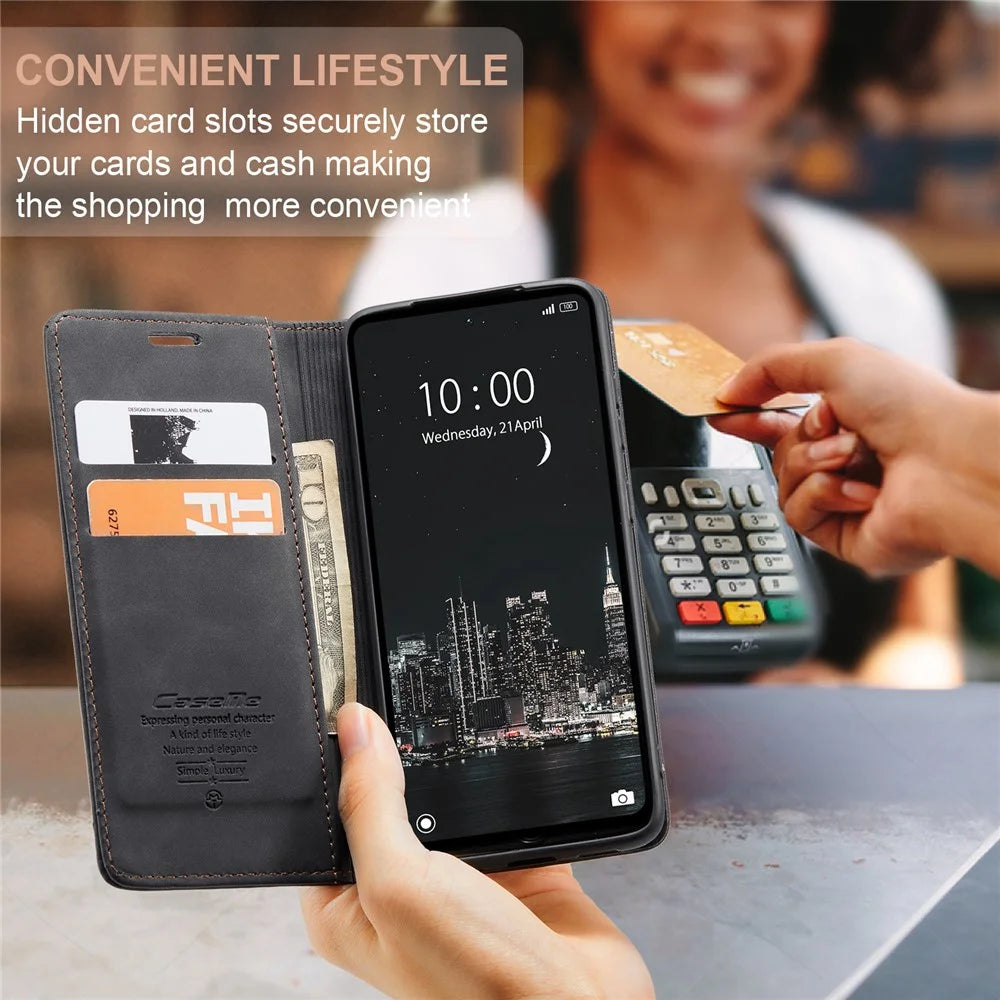 CASEME 013 Series For Realme C55 PU Leather Wallet Shell Drop-proof Flip Stand Phone Case - Black - 7