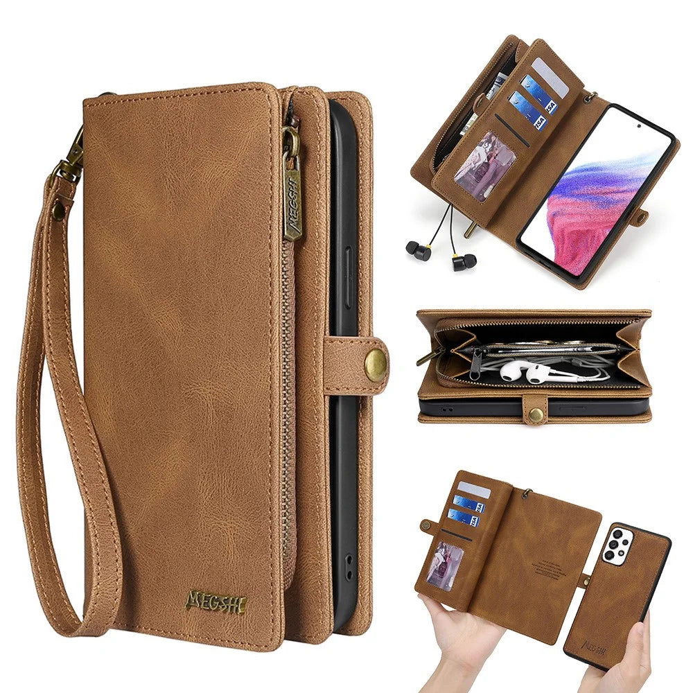 MEGSHI 017 Series For Samsung Galaxy A33 5G Detachable Magnet Cover Zipper Wallet PU Leather Flip Case with Wrist Strap - Brown - 1