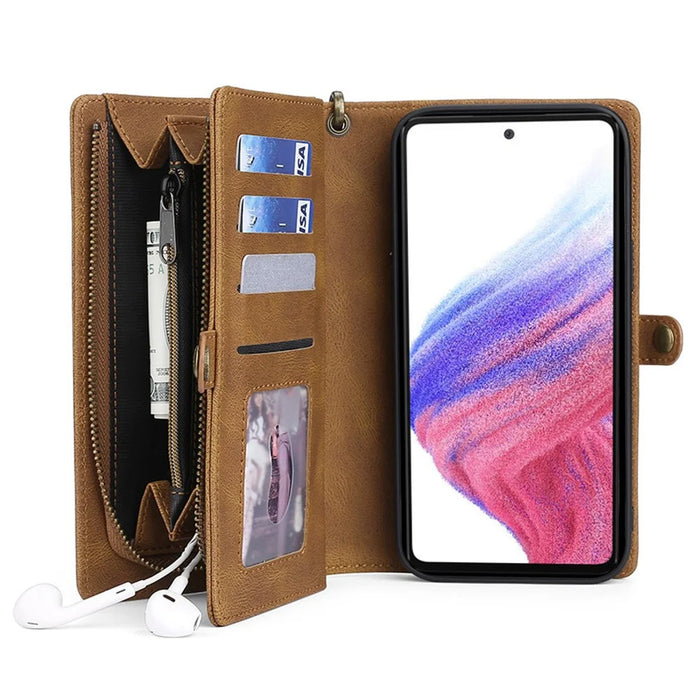 MEGSHI 017 Series For Samsung Galaxy A33 5G Detachable Magnet Cover Zipper Wallet PU Leather Flip Case with Wrist Strap - Brown - 2