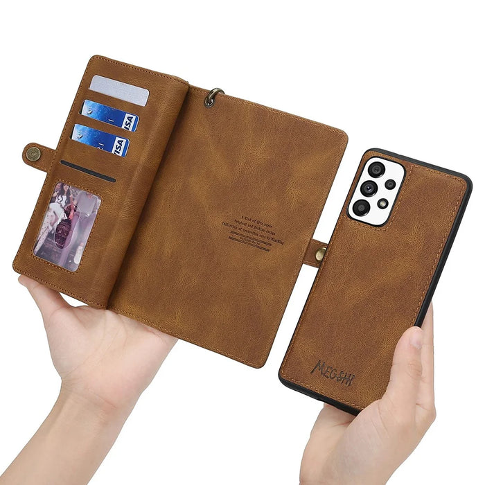 MEGSHI 017 Series For Samsung Galaxy A33 5G Detachable Magnet Cover Zipper Wallet PU Leather Flip Case with Wrist Strap - Brown - 4