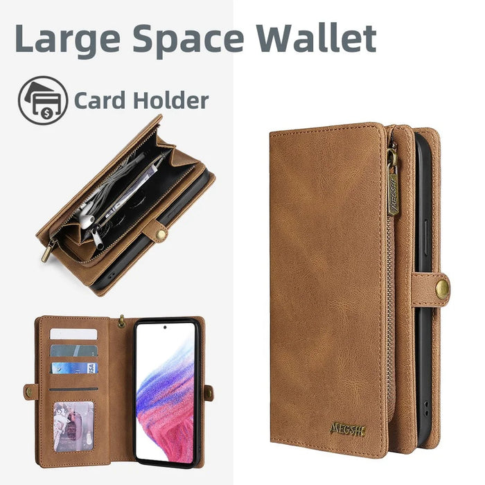 MEGSHI 017 Series For Samsung Galaxy A33 5G Detachable Magnet Cover Zipper Wallet PU Leather Flip Case with Wrist Strap - Brown - 5