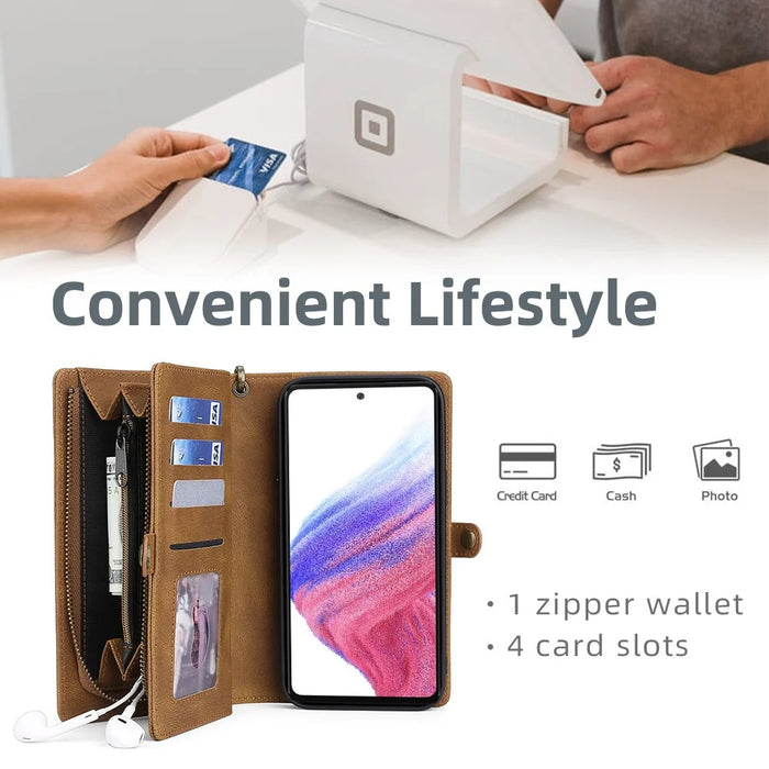 MEGSHI 017 Series For Samsung Galaxy A33 5G Detachable Magnet Cover Zipper Wallet PU Leather Flip Case with Wrist Strap - Brown - 6