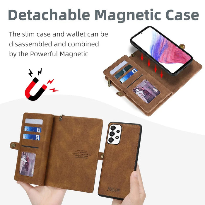 MEGSHI 017 Series For Samsung Galaxy A33 5G Detachable Magnet Cover Zipper Wallet PU Leather Flip Case with Wrist Strap - Brown - 7