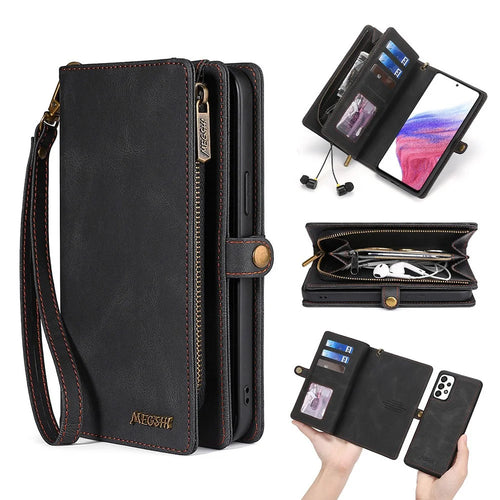MEGSHI 017 Series For Samsung Galaxy A32 4G (EU Version) Detachable Leather Case Magnetic Absorption Zippered Wallet Shockproof Cover - Black - 1
