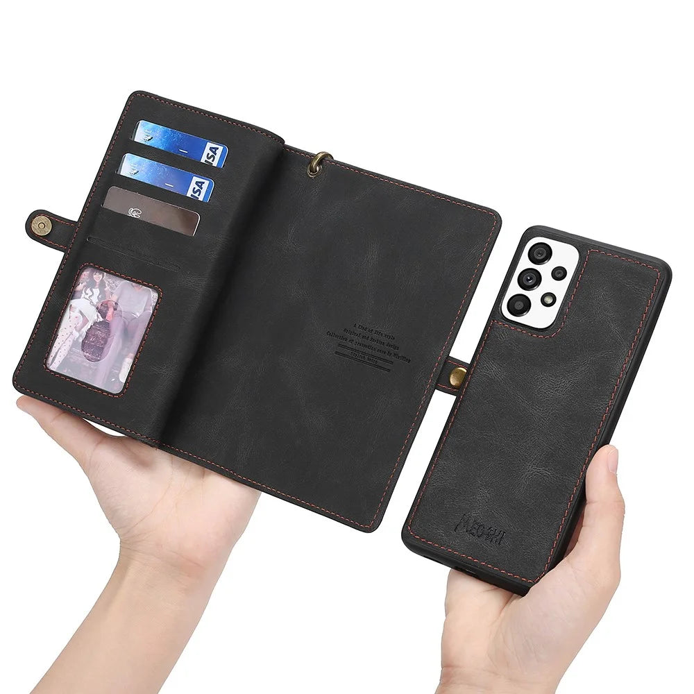MEGSHI 017 Series For Samsung Galaxy A32 4G (EU Version) Detachable Leather Case Magnetic Absorption Zippered Wallet Shockproof Cover - Black - 4