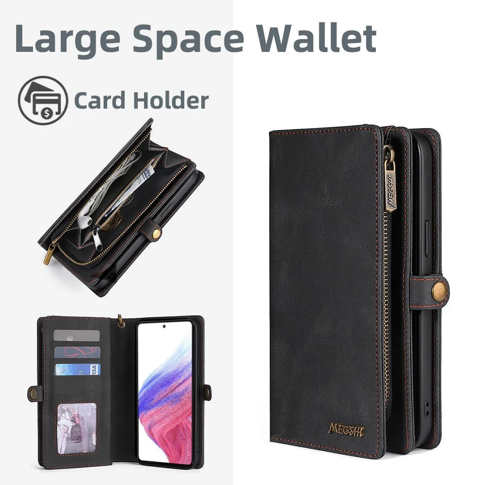 MEGSHI 017 Series For Samsung Galaxy A32 4G (EU Version) Detachable Leather Case Magnetic Absorption Zippered Wallet Shockproof Cover - Black - 5
