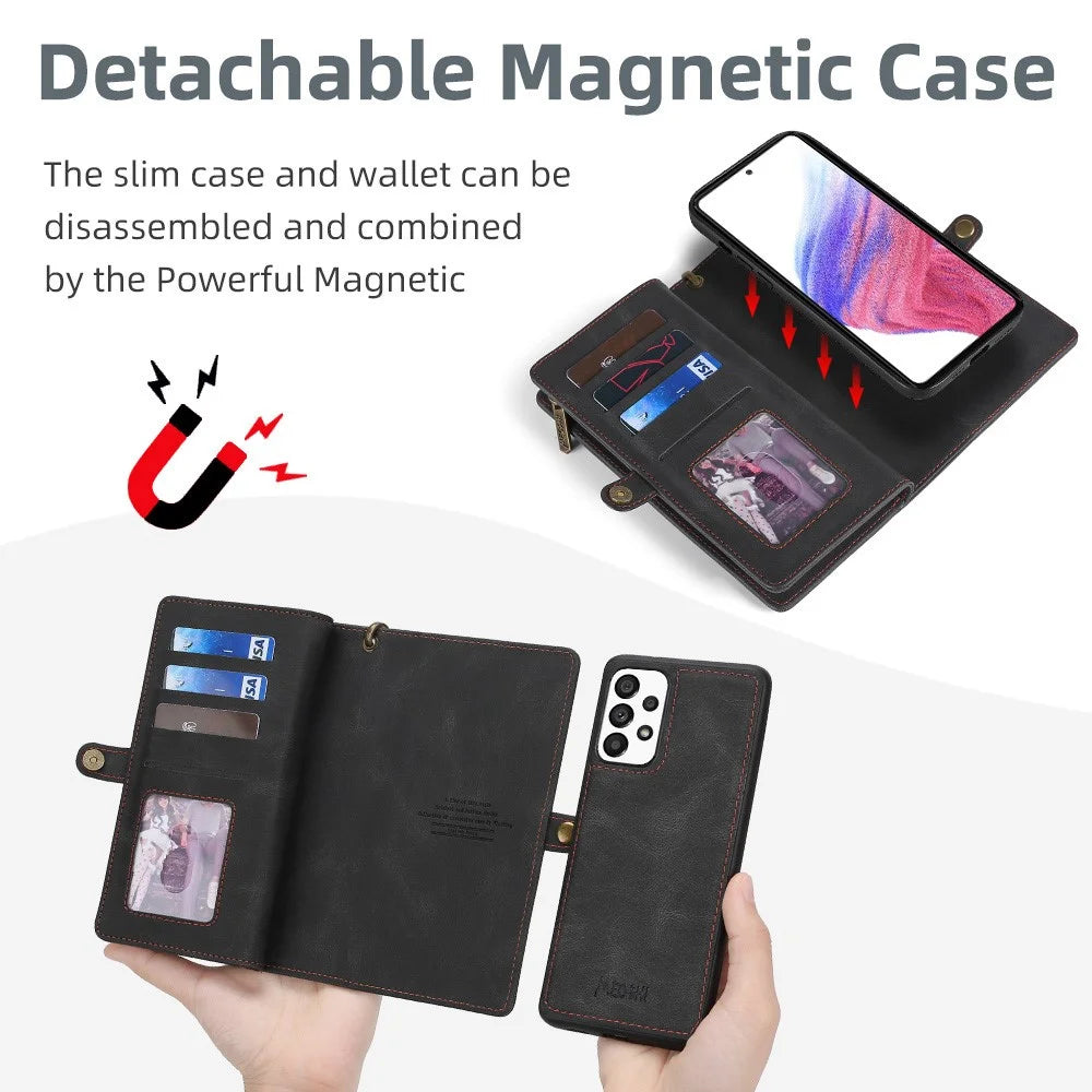 MEGSHI 017 Series For Samsung Galaxy A32 4G (EU Version) Detachable Leather Case Magnetic Absorption Zippered Wallet Shockproof Cover - Black - 7