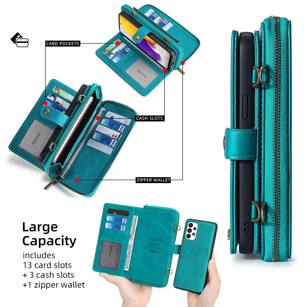 MEGSHI 020 Series Cellphone Stand Cover for Samsung Galaxy A52 4G / 5G / A52s 5G Detachable 2-in-1 Wallet PU Leather+PC+TPU Phone Case - Blue - 4
