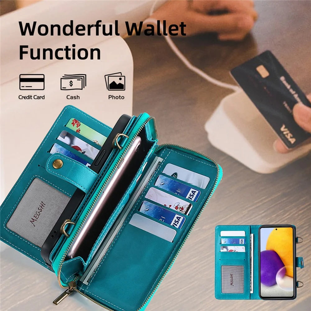 MEGSHI 020 Series Cellphone Stand Cover for Samsung Galaxy A52 4G / 5G / A52s 5G Detachable 2-in-1 Wallet PU Leather+PC+TPU Phone Case - Blue - 5