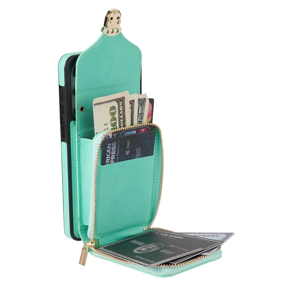 For Samsung Galaxy S21 FE 5G PU Leather Coated TPU Phone Case Crossbody Zipper Purse Card Holder Kickstand Cover - Mint Green - 2