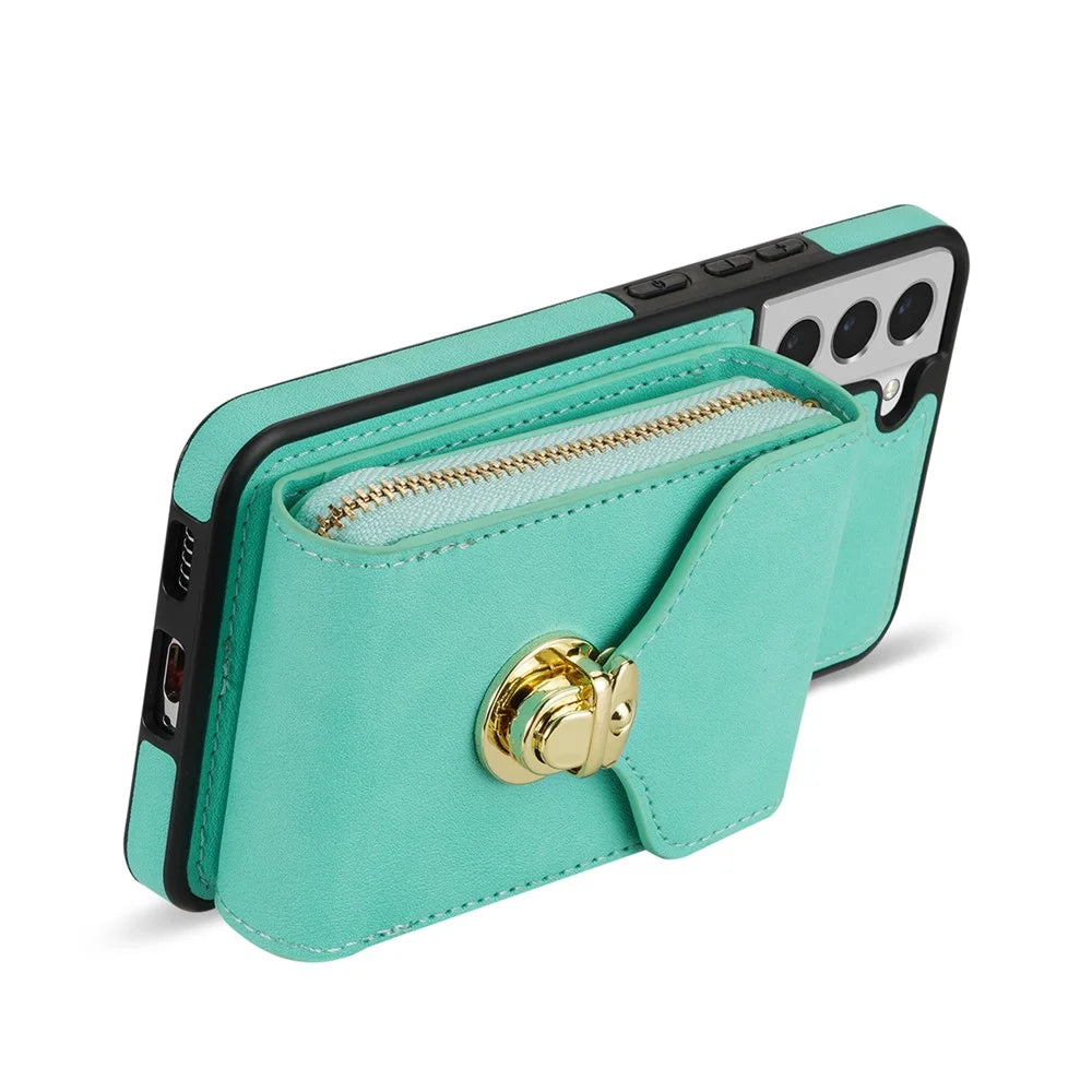For Samsung Galaxy S21 FE 5G PU Leather Coated TPU Phone Case Crossbody Zipper Purse Card Holder Kickstand Cover - Mint Green - 3