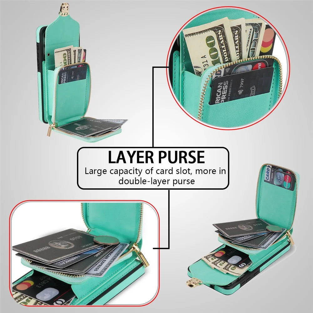 For Samsung Galaxy S21 FE 5G PU Leather Coated TPU Phone Case Crossbody Zipper Purse Card Holder Kickstand Cover - Mint Green - 7