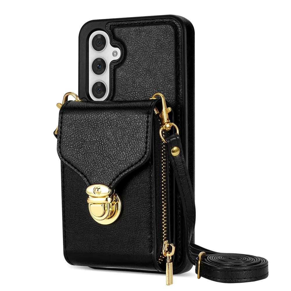 For Samsung Galaxy A14 4G / 5G Kickstand Zipper Card Holder Phone Case PU Leather Coated TPU Back Cover - Black - 1