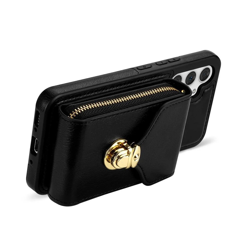 For Samsung Galaxy A14 4G / 5G Kickstand Zipper Card Holder Phone Case PU Leather Coated TPU Back Cover - Black - 3
