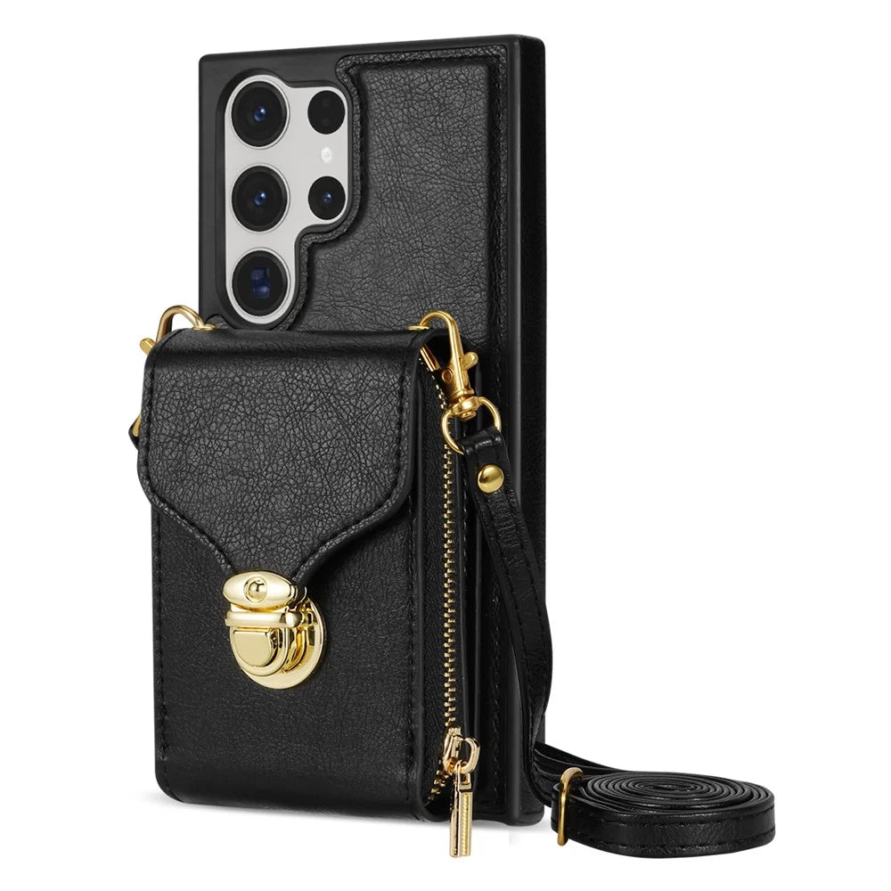 For Samsung Galaxy S23 Ultra Crossbody Card Holder Kickstand Case PU Leather Coated TPU Zipper Phone Cover - Black - 1