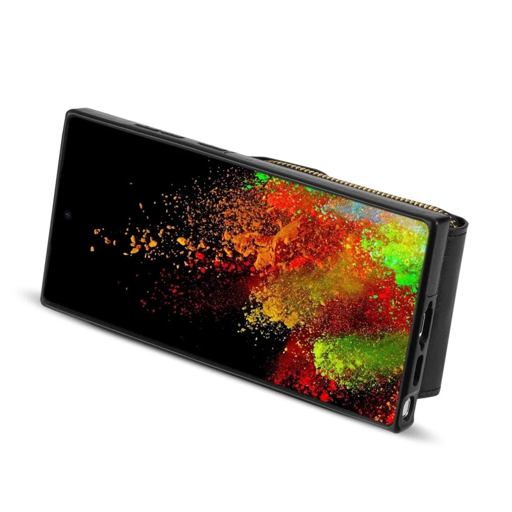 For Samsung Galaxy S23 Ultra Crossbody Card Holder Kickstand Case PU Leather Coated TPU Zipper Phone Cover - Black - 4