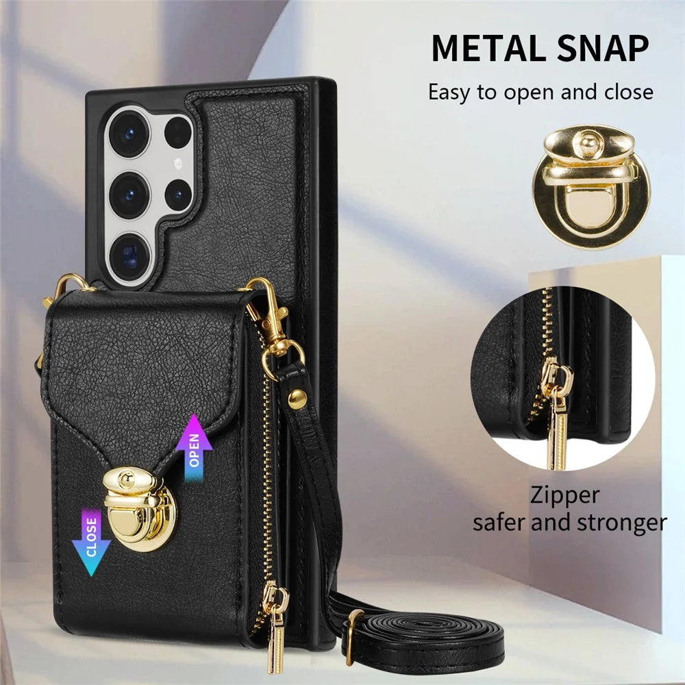 For Samsung Galaxy S23 Ultra Crossbody Card Holder Kickstand Case PU Leather Coated TPU Zipper Phone Cover - Black - 7