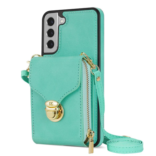 For Samsung Galaxy S22+ 5G PU Leather Coated TPU Cell Phone Case Zipper Card Holder Kickstand Phone Bag Cover - Mint Green - 1