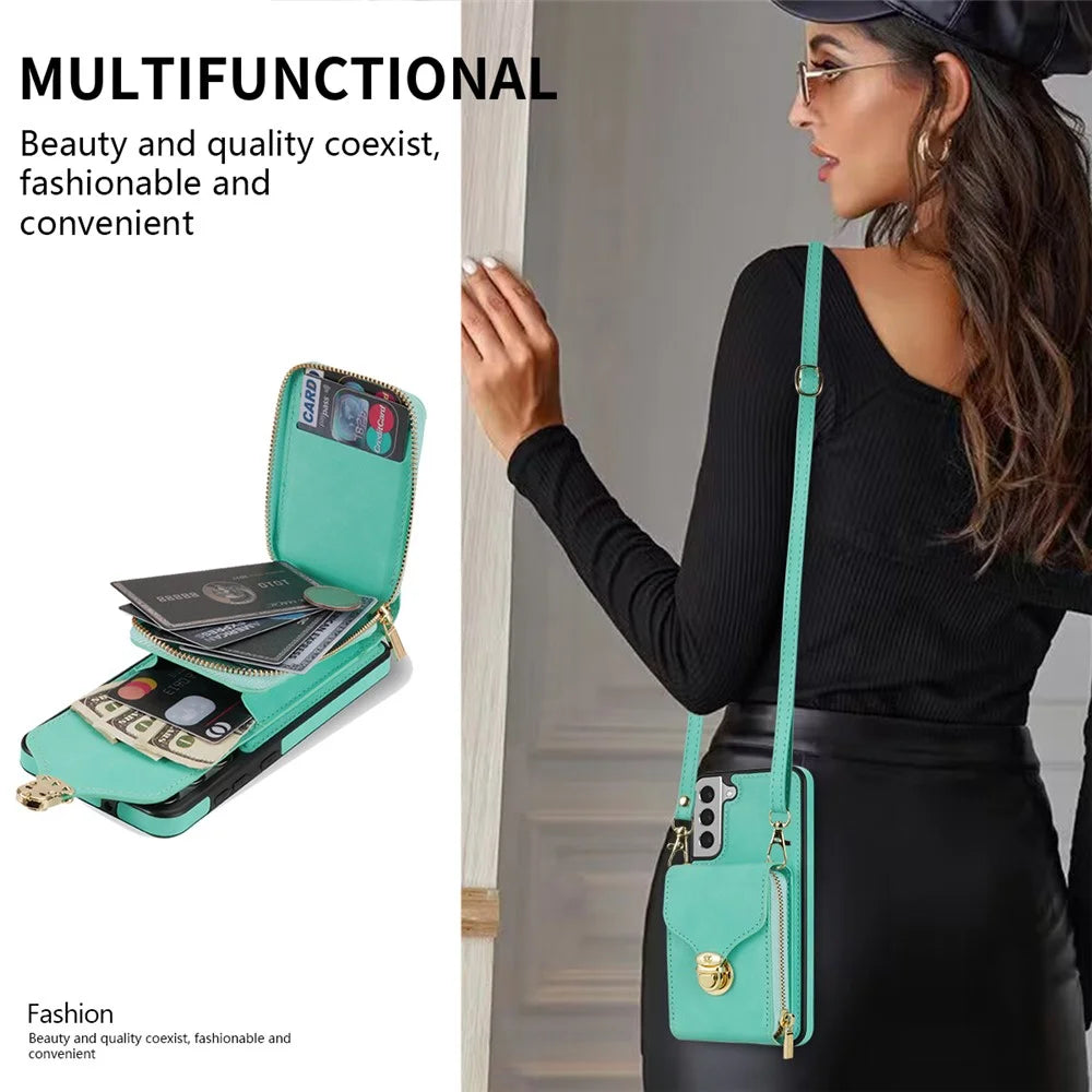 For Samsung Galaxy S22+ 5G PU Leather Coated TPU Cell Phone Case Zipper Card Holder Kickstand Phone Bag Cover - Mint Green - 5
