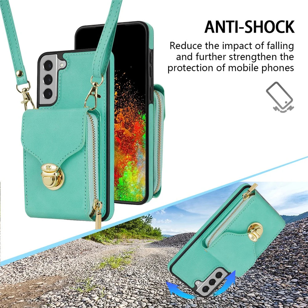 For Samsung Galaxy S22+ 5G PU Leather Coated TPU Cell Phone Case Zipper Card Holder Kickstand Phone Bag Cover - Mint Green - 6