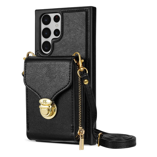 For Samsung Galaxy S22 Ultra 5G Zipper Card Holder Case Crossbody PU Leather + TPU Kickstand Phone Cover - Black - 1