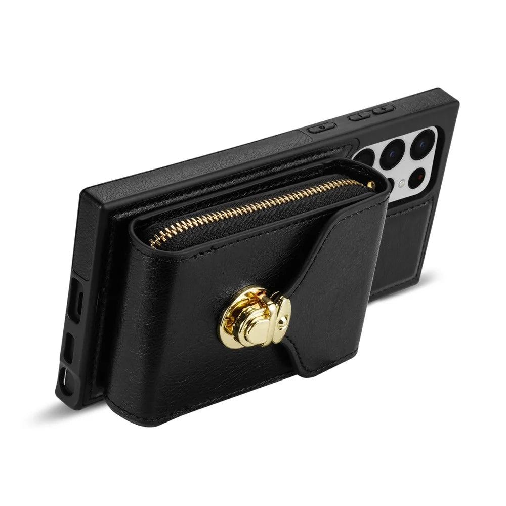 For Samsung Galaxy S22 Ultra 5G Zipper Card Holder Case Crossbody PU Leather + TPU Kickstand Phone Cover - Black - 3