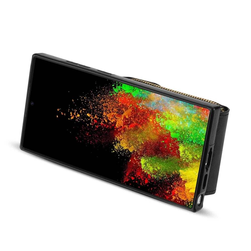 For Samsung Galaxy S22 Ultra 5G Zipper Card Holder Case Crossbody PU Leather + TPU Kickstand Phone Cover - Black - 4