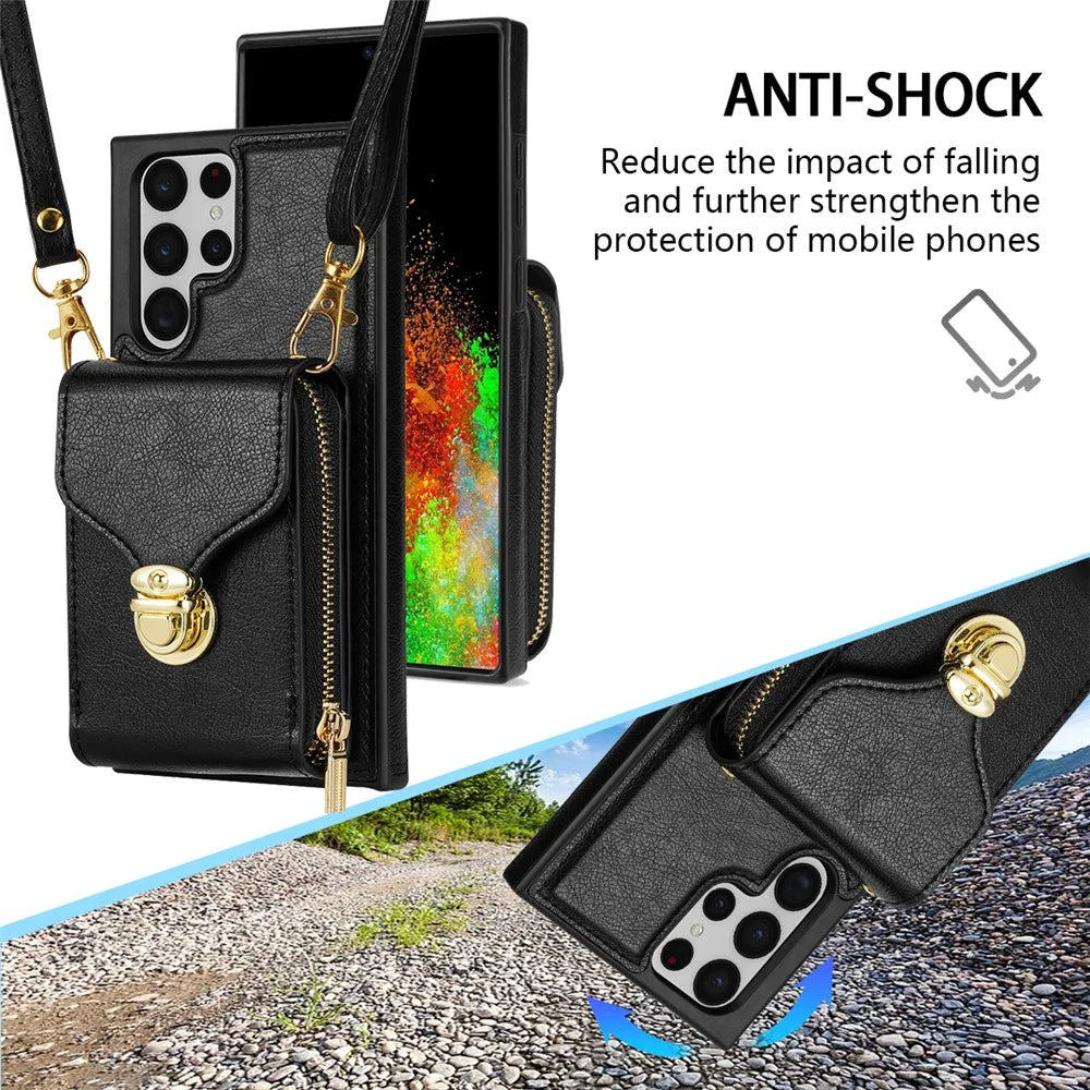 For Samsung Galaxy S22 Ultra 5G Zipper Card Holder Case Crossbody PU Leather + TPU Kickstand Phone Cover - Black - 5
