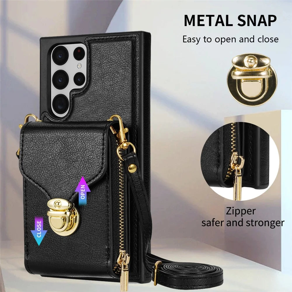 For Samsung Galaxy S22 Ultra 5G Zipper Card Holder Case Crossbody PU Leather + TPU Kickstand Phone Cover - Black - 6