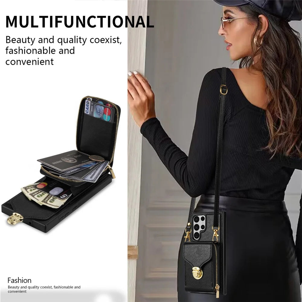 For Samsung Galaxy S22 Ultra 5G Zipper Card Holder Case Crossbody PU Leather + TPU Kickstand Phone Cover - Black - 7