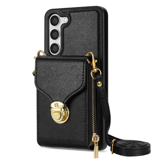 For Samsung Galaxy S23+ Zipper Leather Coated TPU Phone Case Card Holder Kickstand Cover - Black - 1