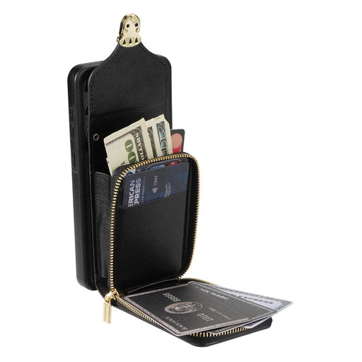 For Samsung Galaxy S23+ Zipper Leather Coated TPU Phone Case Card Holder Kickstand Cover - Black - 2