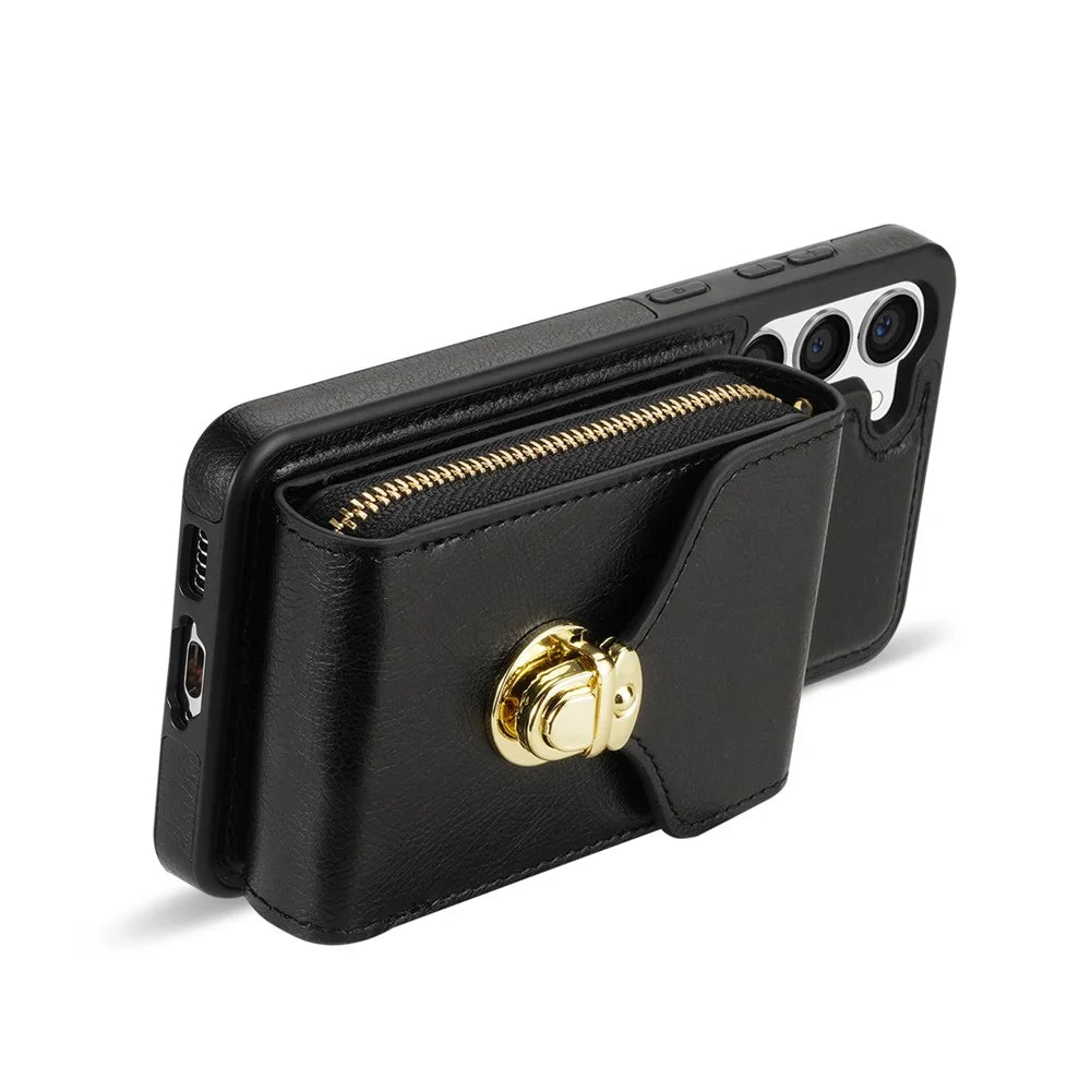 For Samsung Galaxy S23 PU Leather + TPU Protective Case Zipper Card Holder Kickstand Phone Cover - Black - 3