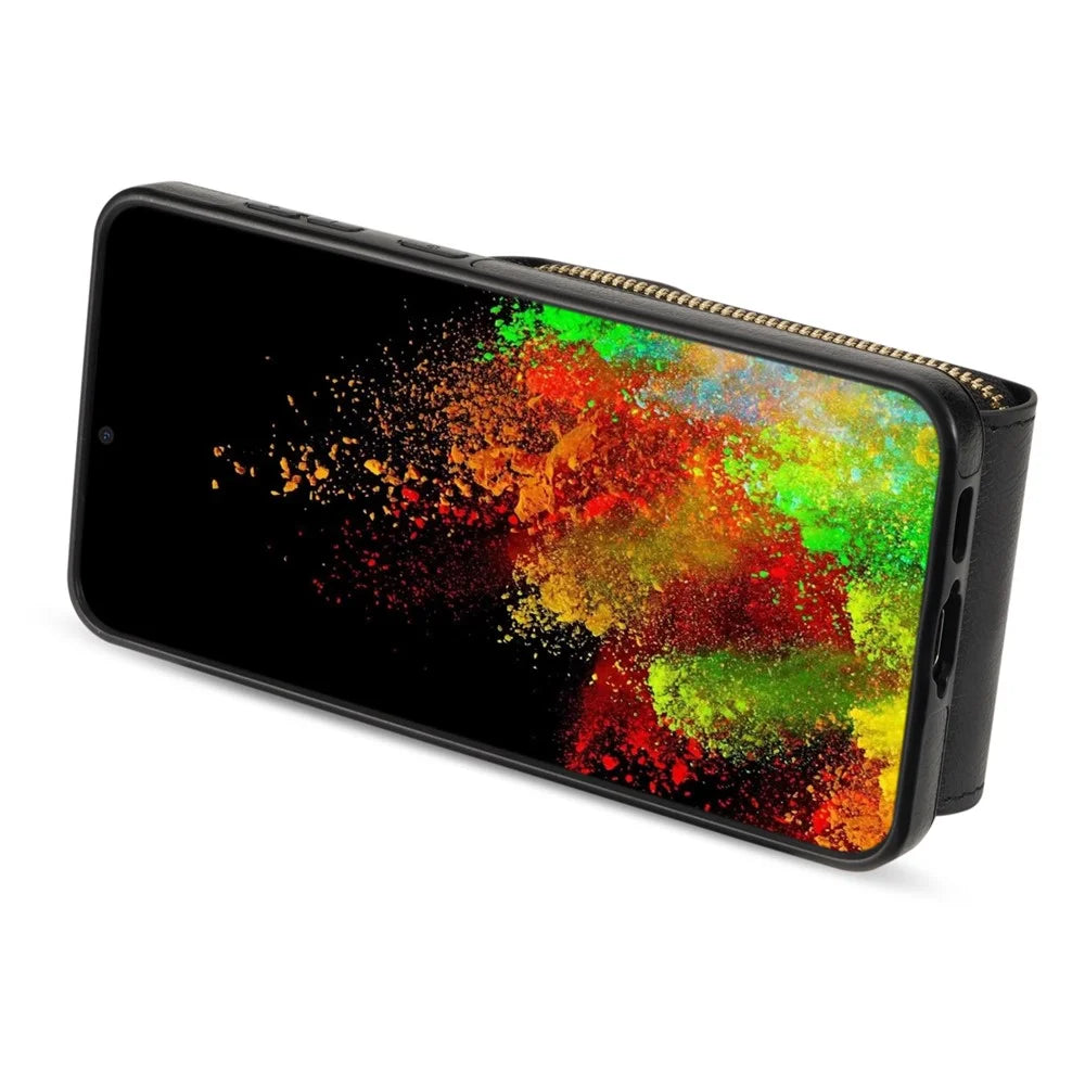 For Samsung Galaxy S23 PU Leather + TPU Protective Case Zipper Card Holder Kickstand Phone Cover - Black - 4