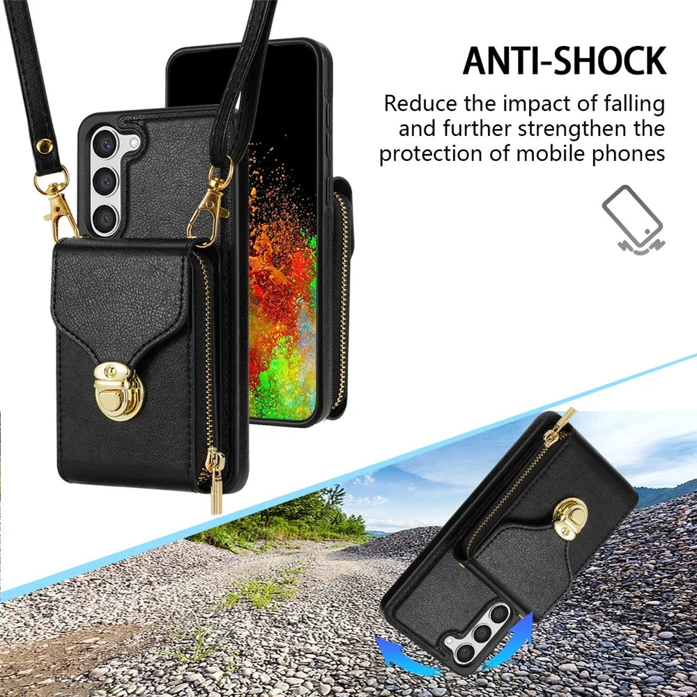For Samsung Galaxy S23 PU Leather + TPU Protective Case Zipper Card Holder Kickstand Phone Cover - Black - 5