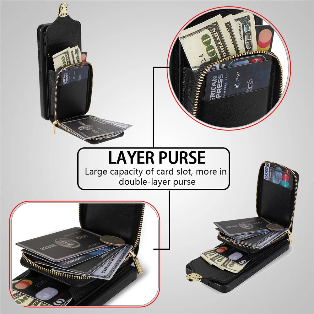 For Samsung Galaxy S23 PU Leather + TPU Protective Case Zipper Card Holder Kickstand Phone Cover - Black - 6