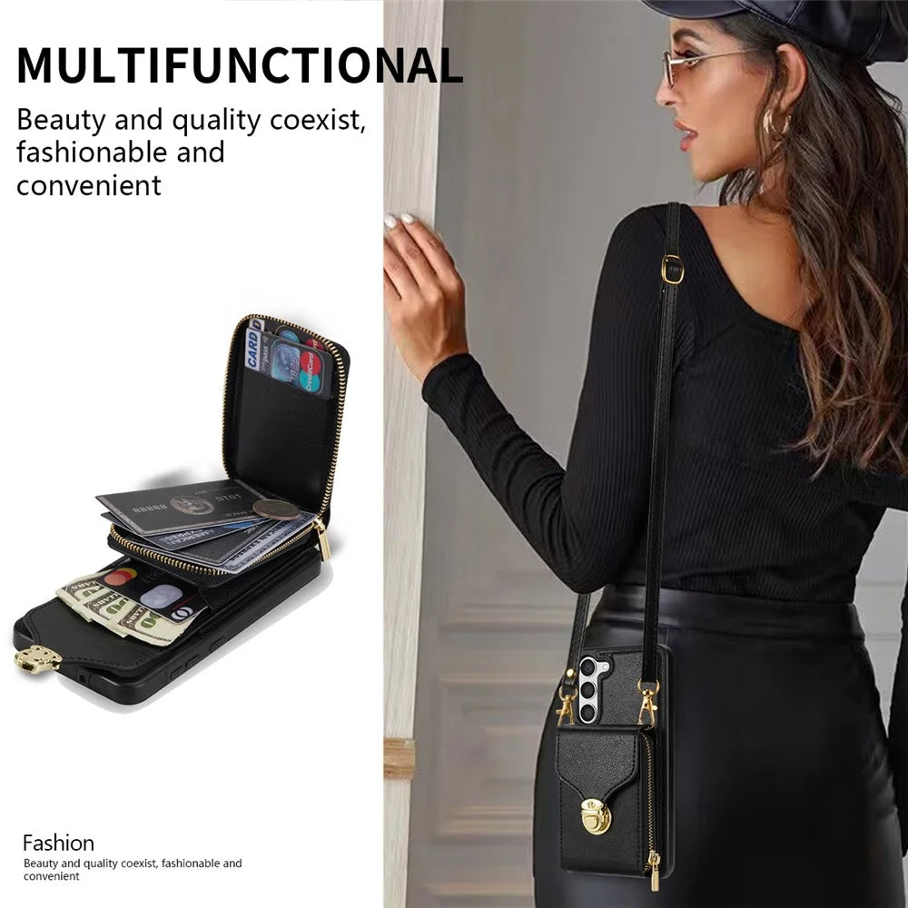 For Samsung Galaxy S23 PU Leather + TPU Protective Case Zipper Card Holder Kickstand Phone Cover - Black - 7
