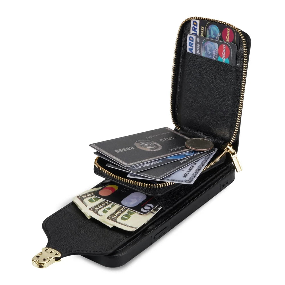 For iPhone 13 Pro Max 6.7 inch Zipper Phone Case PU Leather Coated TPU Kickstand Card Slot Cover - Black - 6